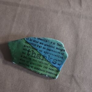 Green and Blue Handcrafted Pin with 'Thanks' Text